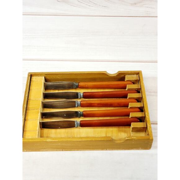 Vintage Washington Forge Dinner Knives With Wood Holder Set Of 5 - Picture 2 of 14